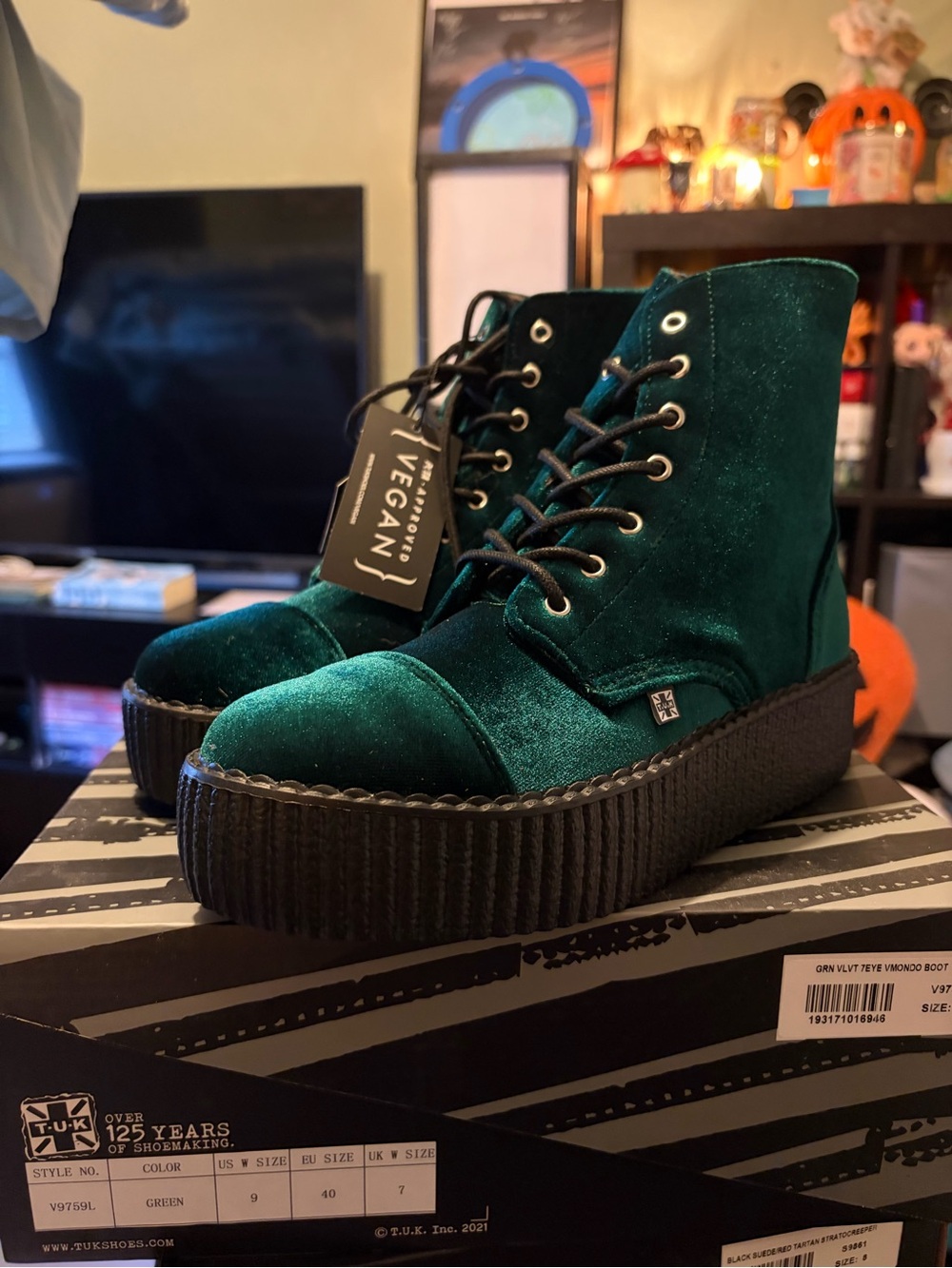 T.U.K Green Velvet Lace-Up Platform Boots